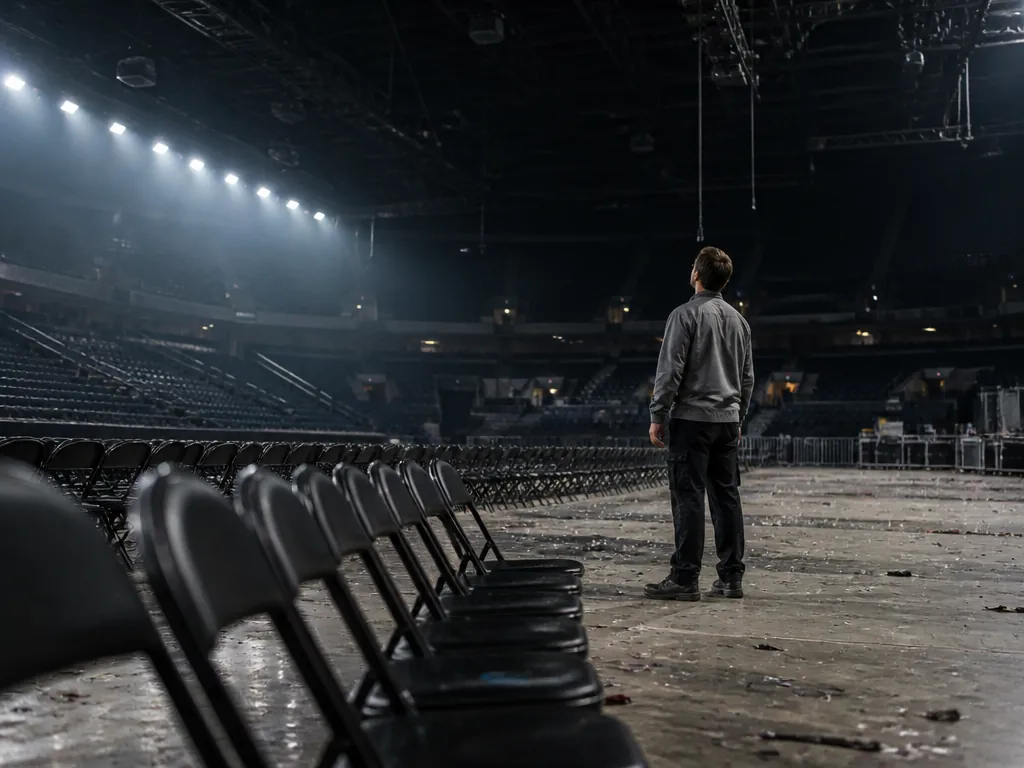 A wide, low-angle photograph of an empty arena floor at 7 a.m. the morning…