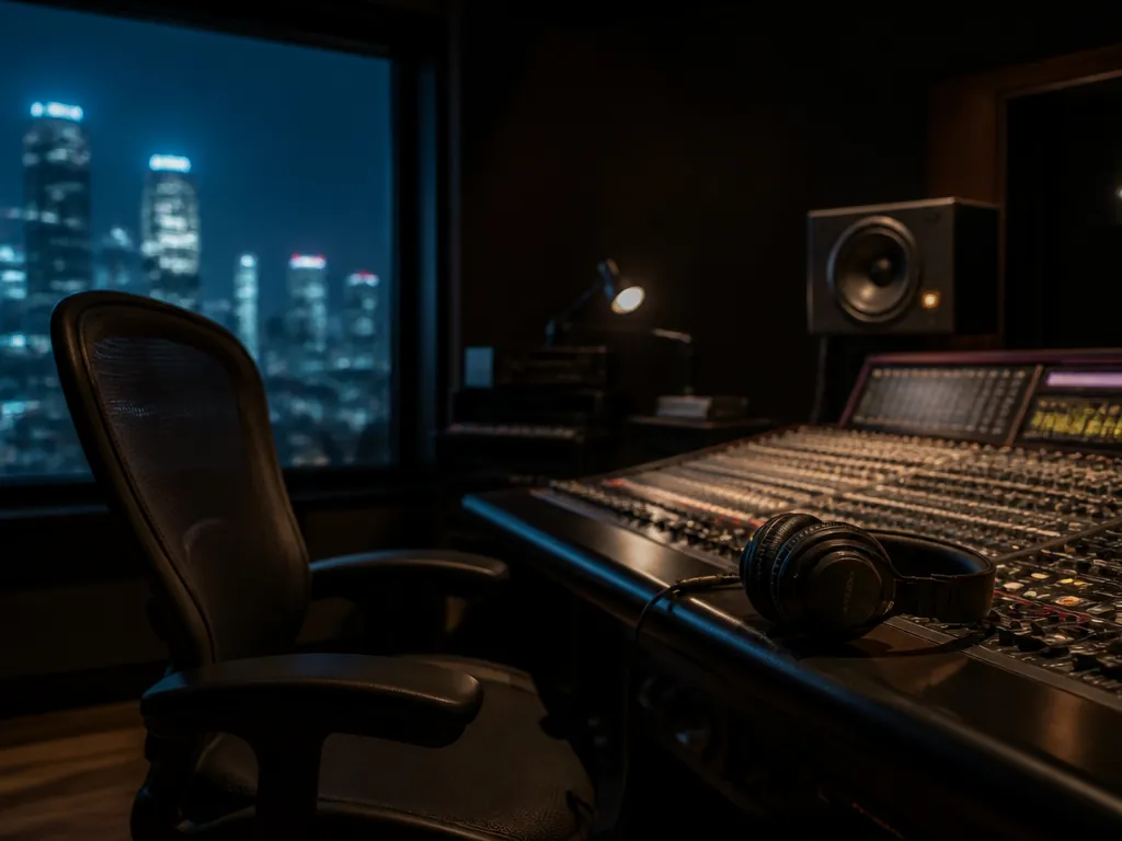 A dimly lit professional recording studio at night, empty producer's chair pushed back from…