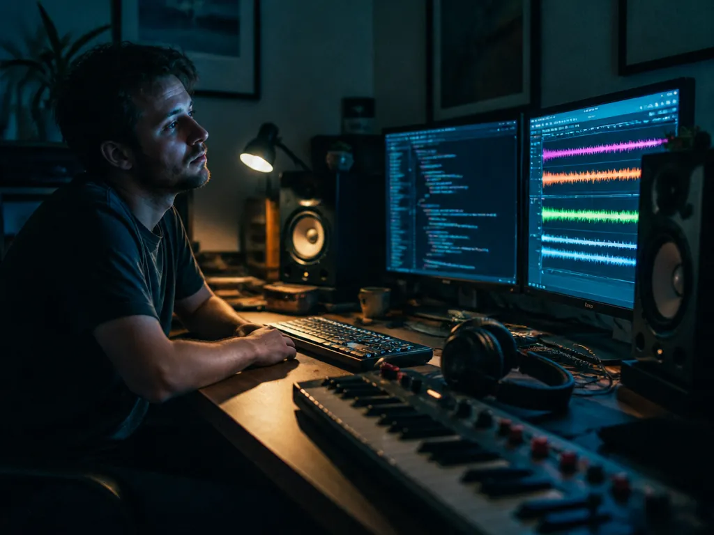 A photorealistic photograph of a lone software developer sitting at a cluttered home desk…
