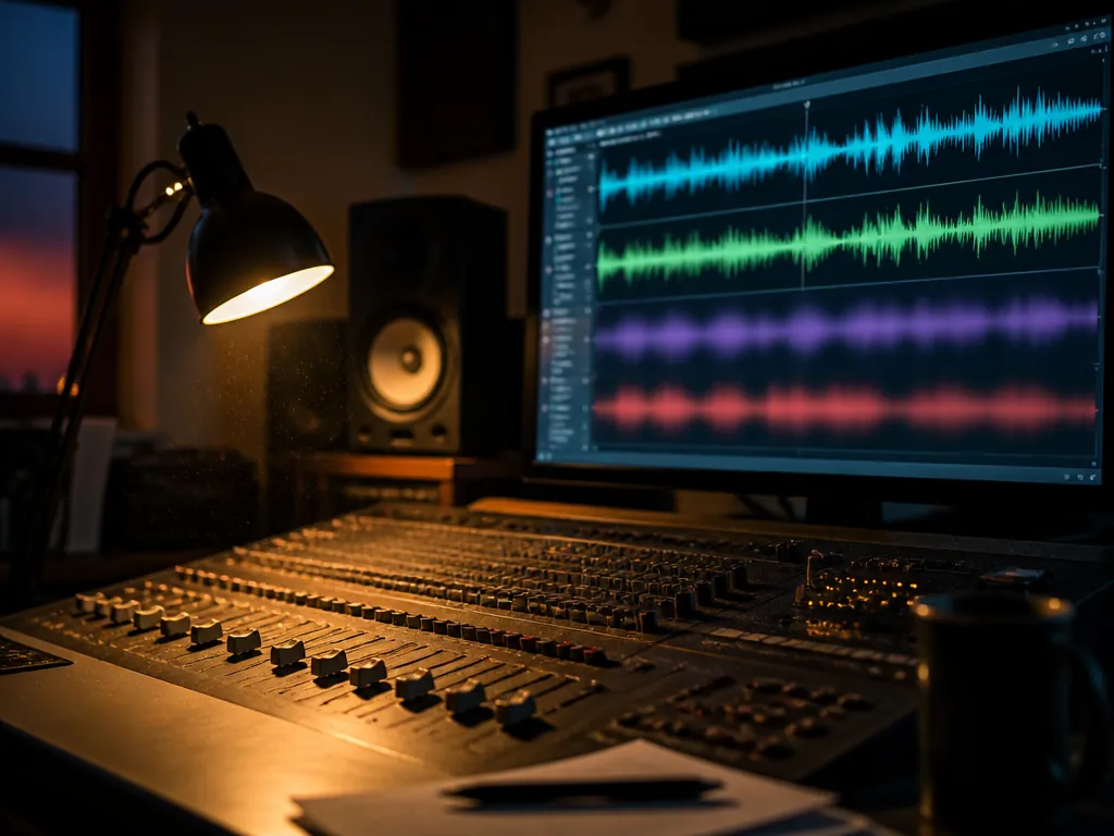 A dimly lit home studio at dusk, photographed with a 35mm lens at f/2.0…