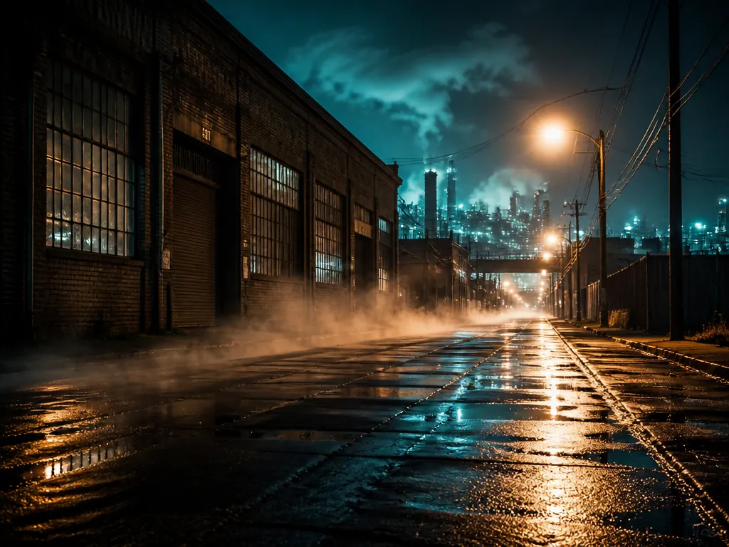 A wide, moody urban night photograph of a rain-slicked industrial street in a rust-belt…