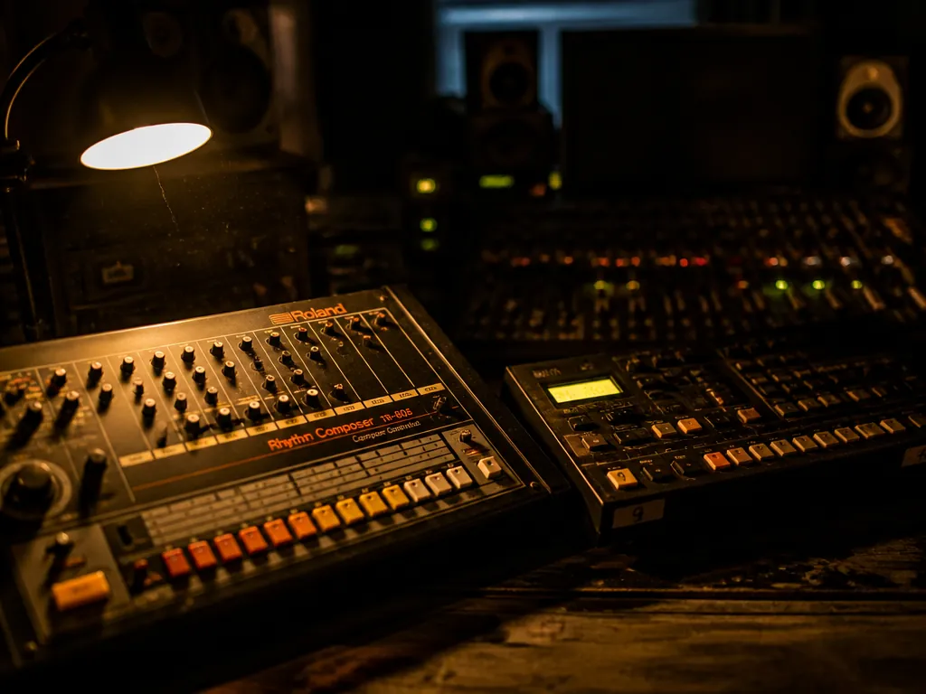 A dimly lit home studio at 2 a.m., shot on a 35mm lens at…