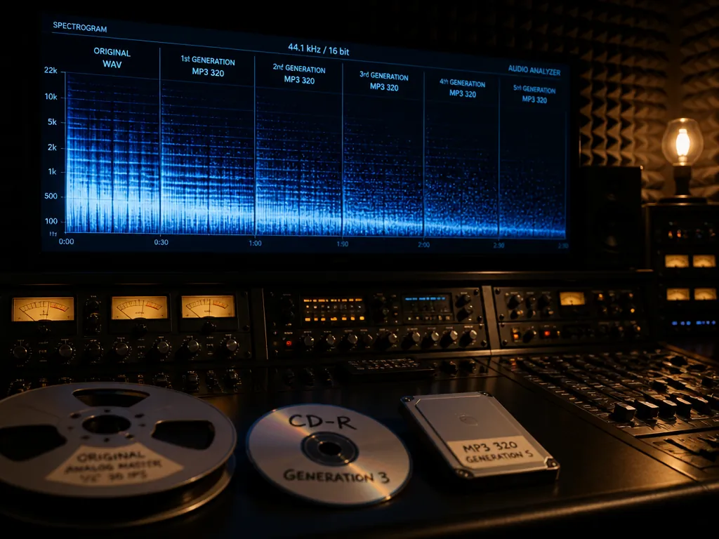 A dimly lit professional mastering studio at night, photographed with a 35mm lens at…