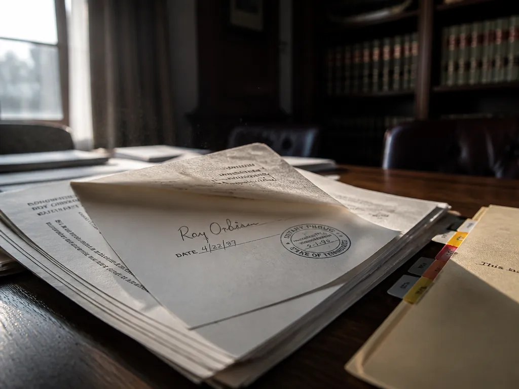 A macro photograph of a stack of aged legal contracts and songwriter split sheets…