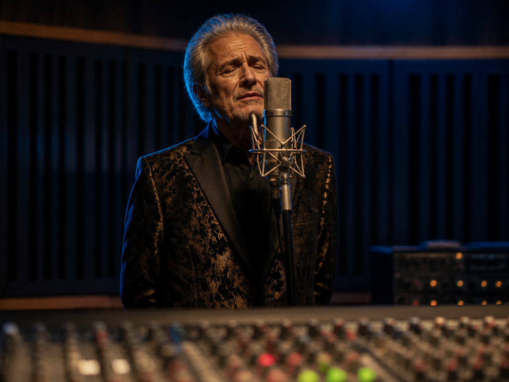 A dimly lit professional recording studio shot from a low angle, an aging male…
