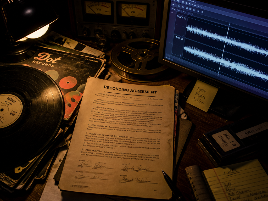 An overhead flat-lay style photograph of a worn 1980s music industry desk under a…