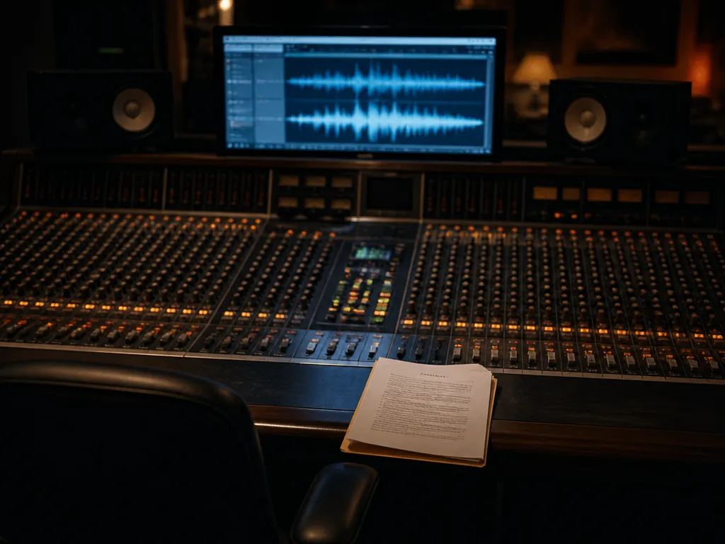 A dimly lit recording studio control room at night, photographed from behind an empty…