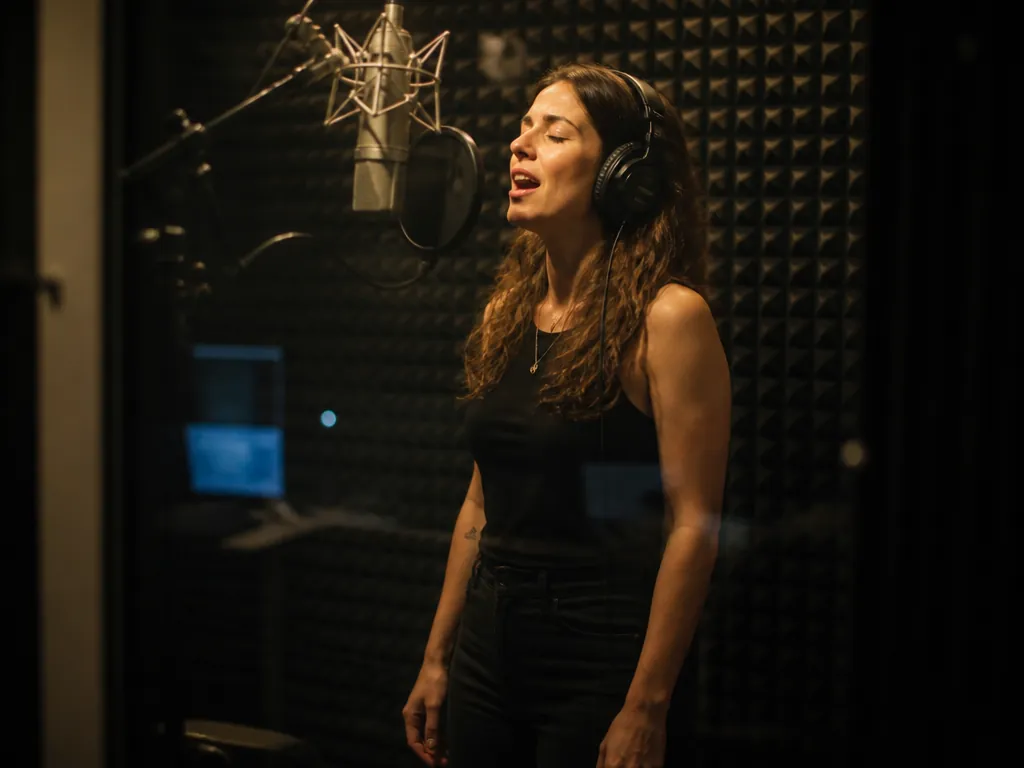 A vocalist standing alone in a padded isolation booth, framed in three-quarter profile through…