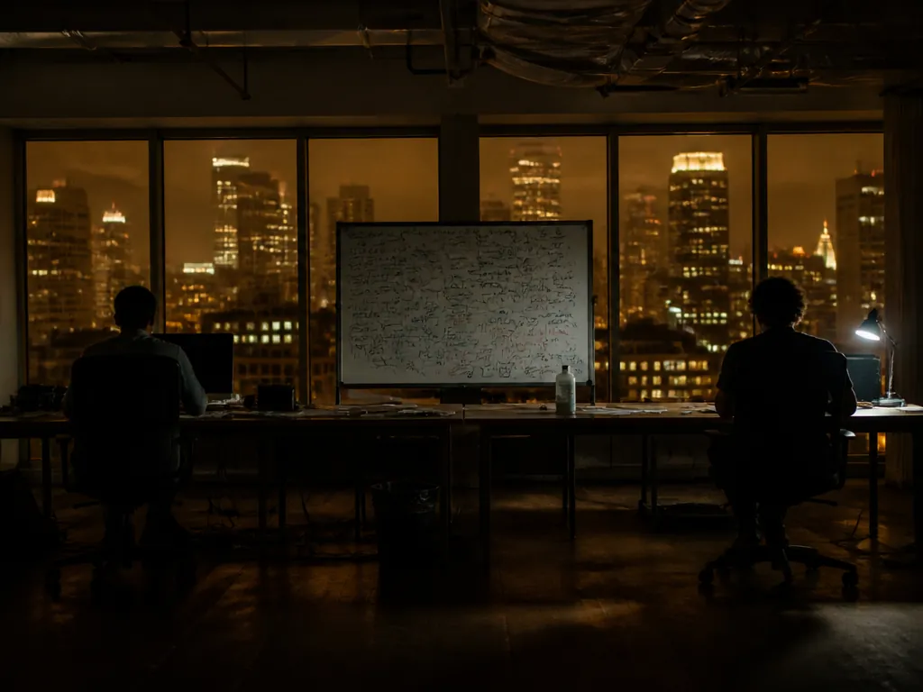 A tense wide interior shot of a small startup office after hours, two figures…