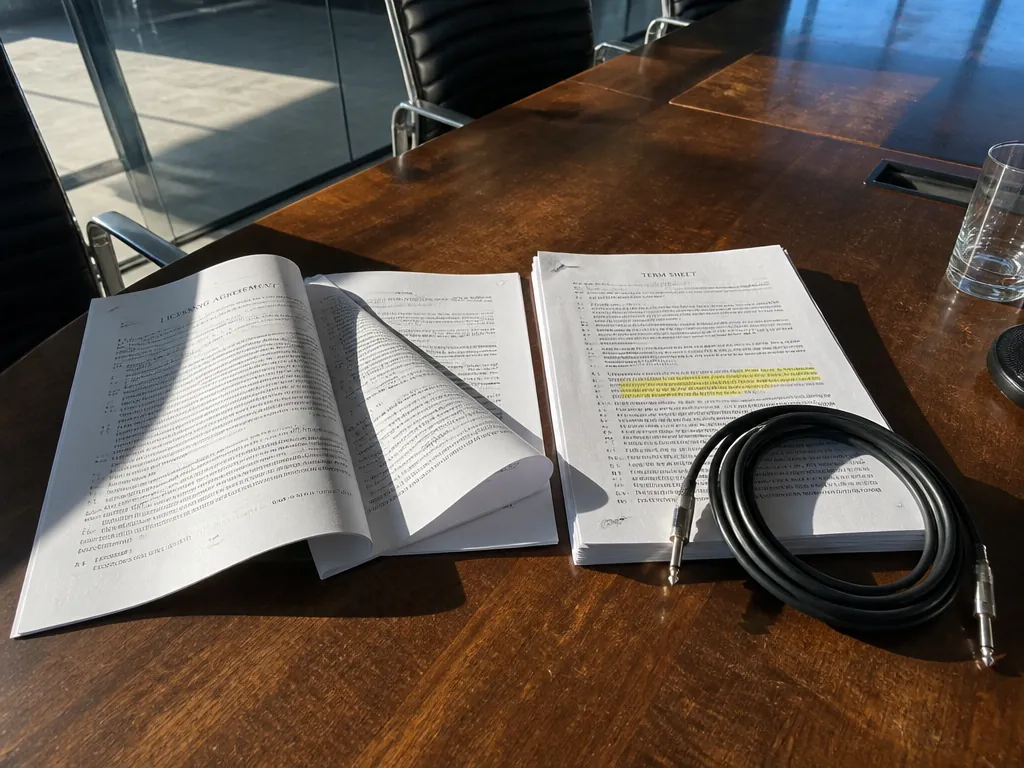 Overhead flat-lay of a scuffed conference table in an empty glass-walled meeting room, covered…