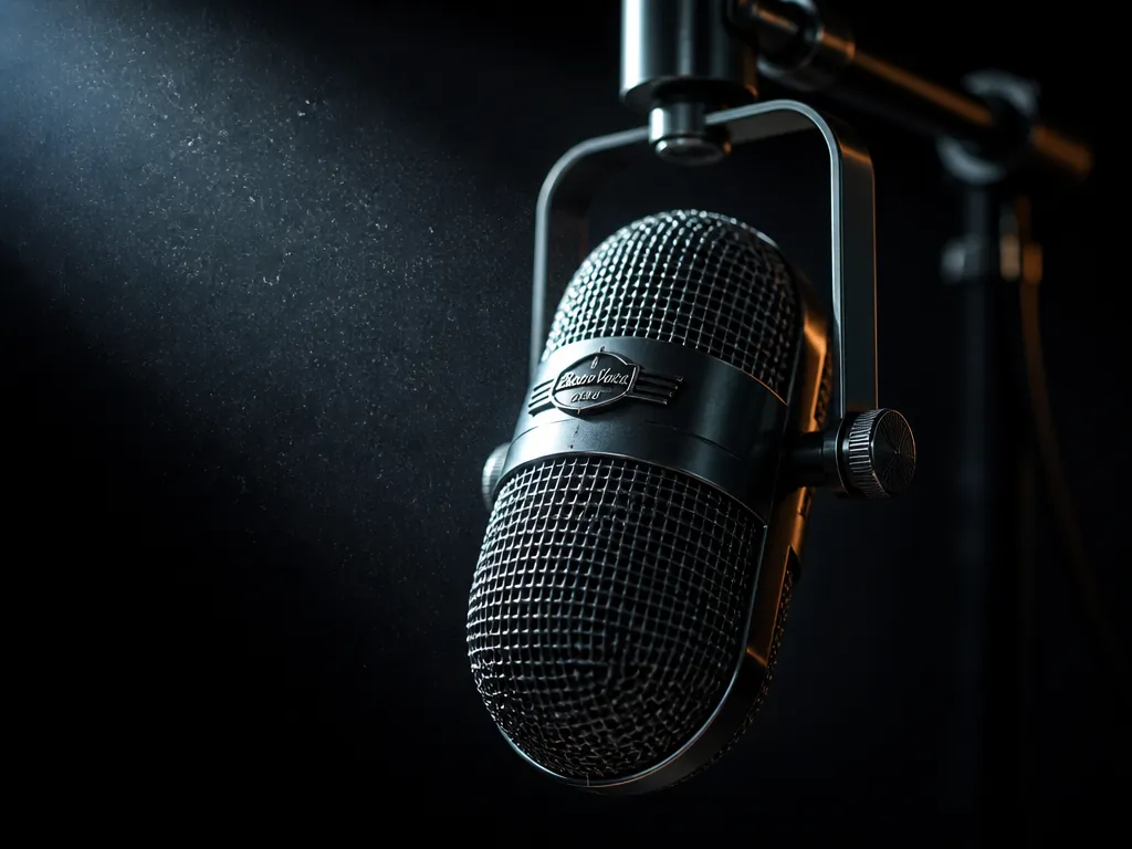 A close-up photorealistic studio photograph of a vintage broadcast microphone on a boom arm…