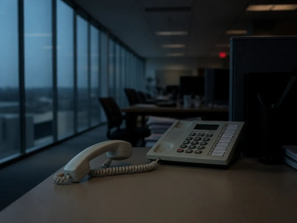 A photorealistic wide interior photograph of an empty corporate operations desk in a dim…