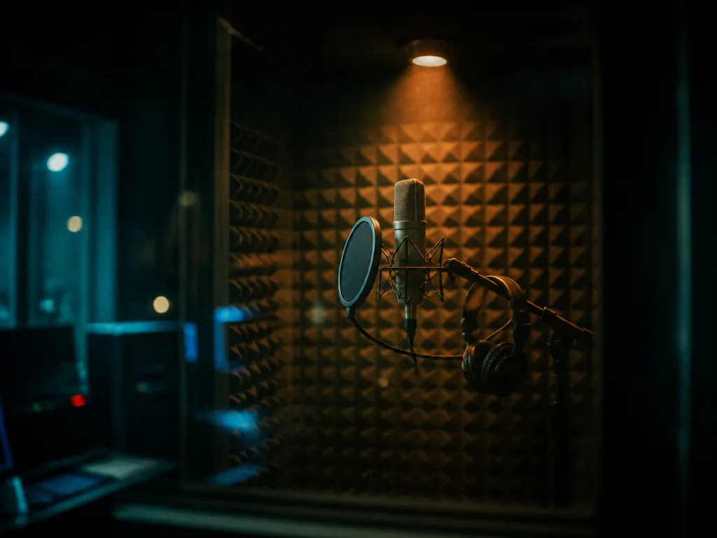 A dimly lit professional recording booth photographed through the control-room glass: an empty vocal…