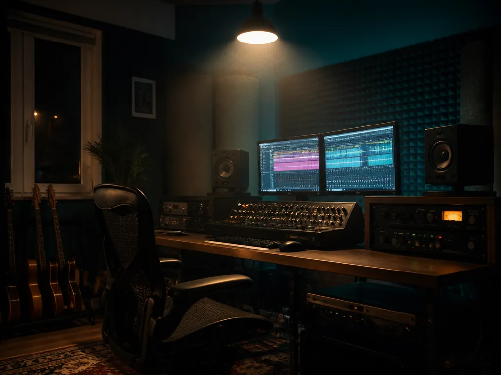 A wide photorealistic photograph of a small home recording studio at night, an empty…