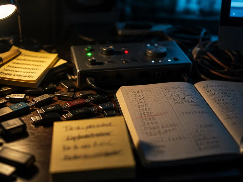 A photorealistic overhead shot of a cluttered home studio desk at night, lit by…