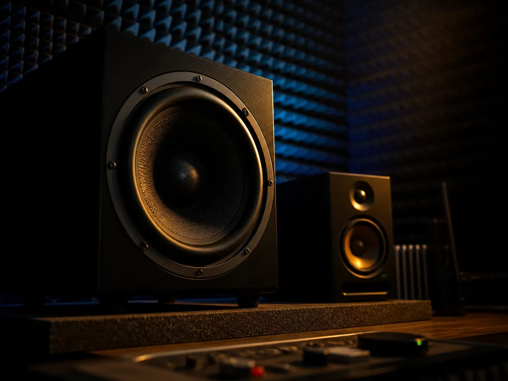 A photorealistic low-angle photograph of a large studio subwoofer and monitor speaker on a…