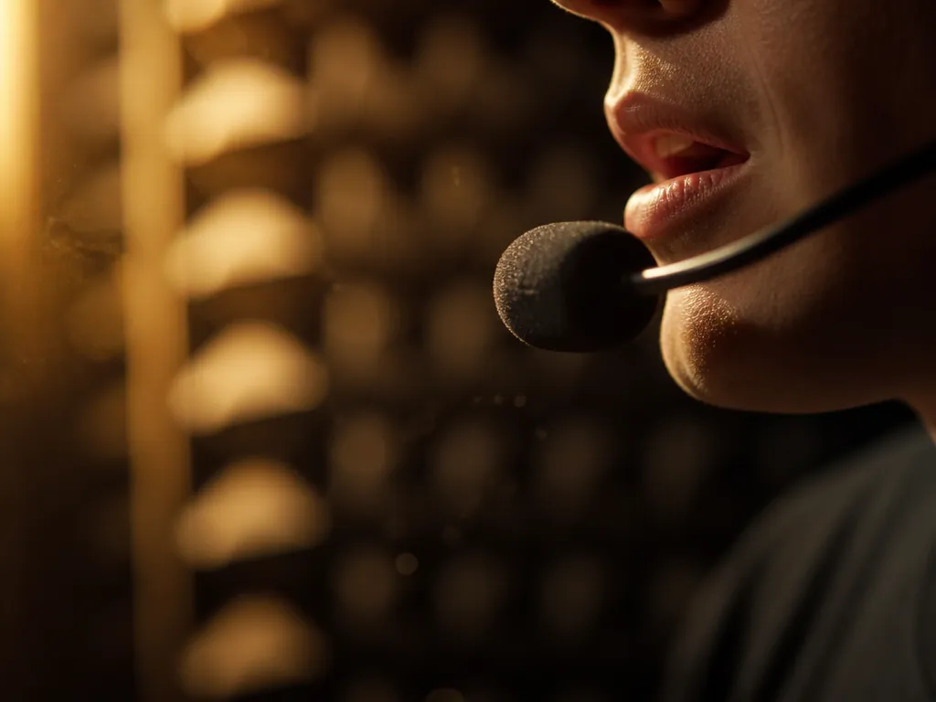 A photorealistic close-up photograph of a headset microphone boom hovering inches from a person's…