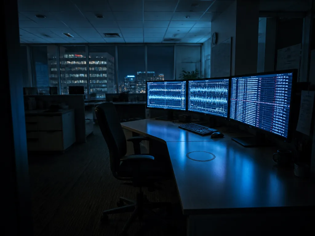A photorealistic wide-angle photograph of an empty open-plan engineering office at 2 a.m., three…