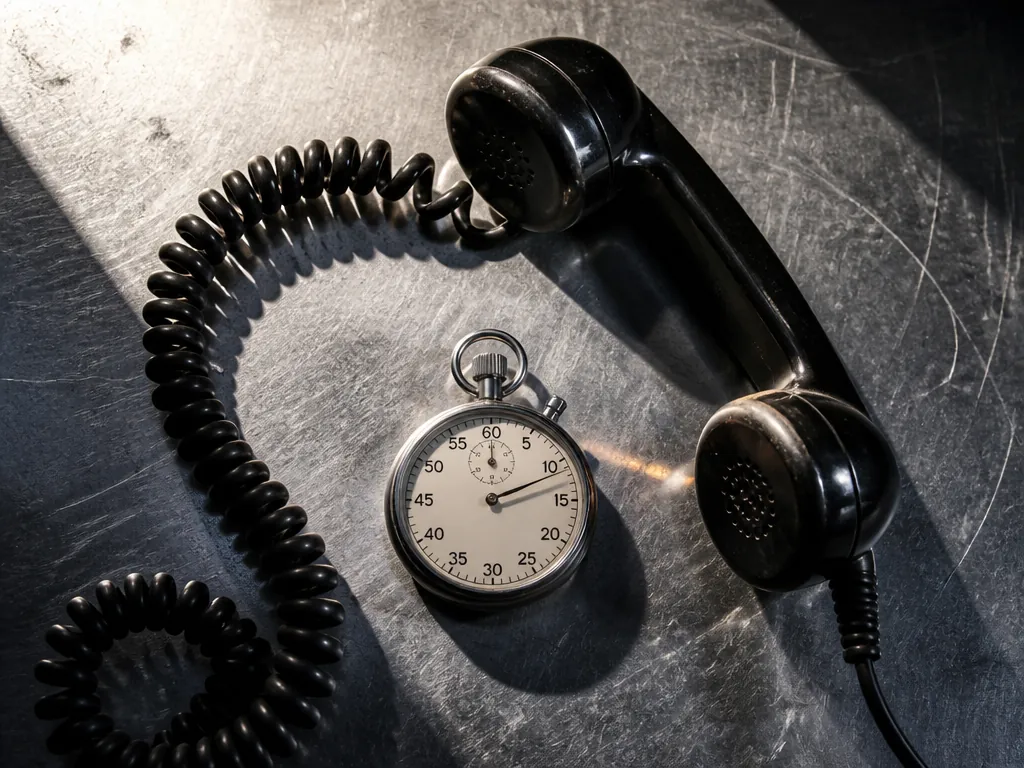 A photorealistic overhead photograph of an analog stopwatch and a vintage telephone handset resting…