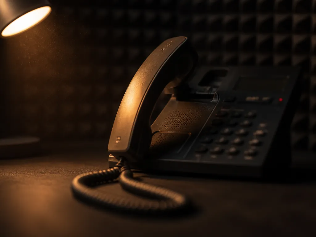 A close-up photograph of a single desk telephone handset resting slightly off its cradle…