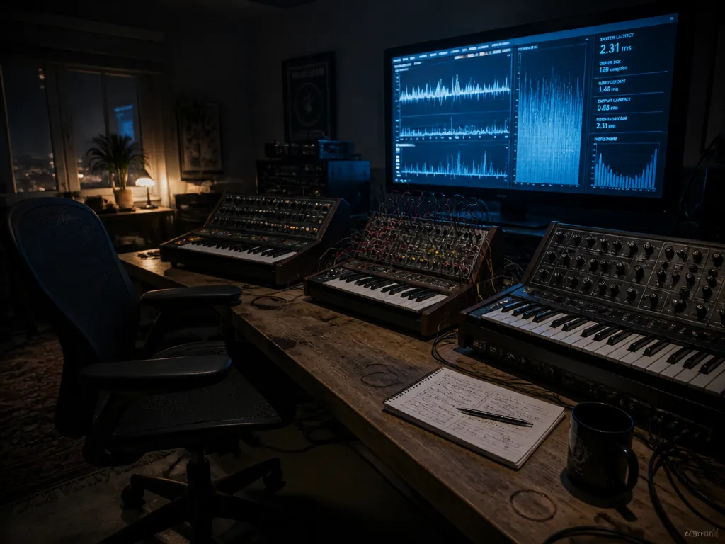 A wide photograph of a dim project-studio control room at night, empty ergonomic chair…