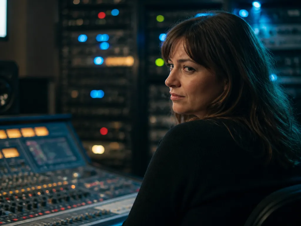 An over-the-shoulder photograph of a woman in a plain dark sweater seated at a…
