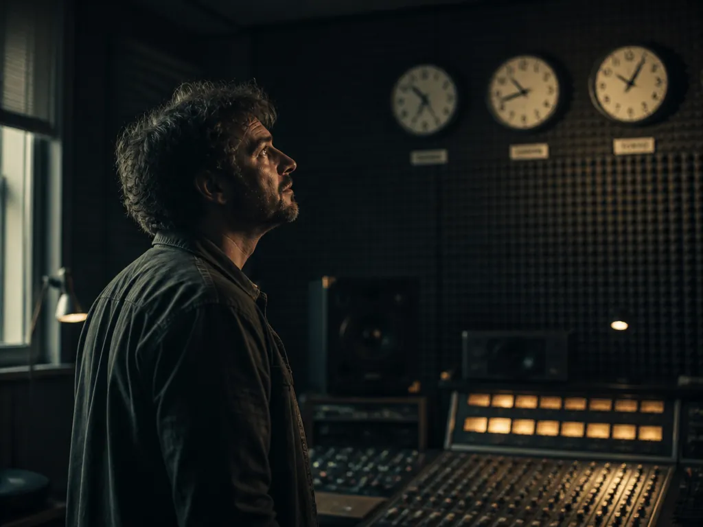 An environmental portrait of a sound designer standing in a dim recording studio, hands…