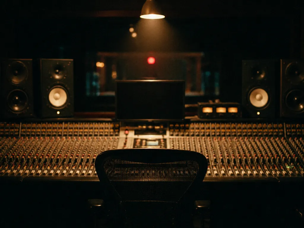 A dimly lit professional recording studio at night, shot from behind an empty producer's…