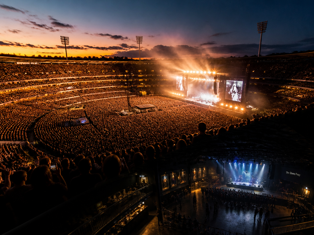 A sweeping wide-angle photograph taken from the upper deck of a packed open-air stadium…