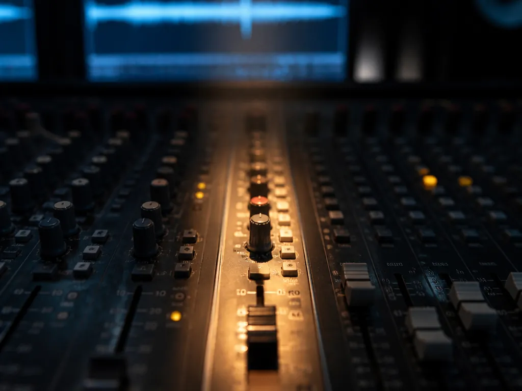 A close-up photorealistic studio photograph of a recording engineer's mixing console in a dimly…