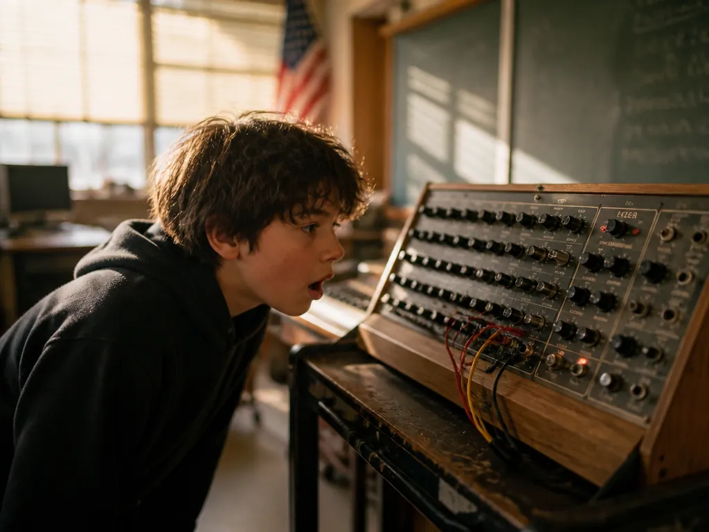 A photorealistic documentary photograph inside a sunlit middle-school classroom: a young student of about…