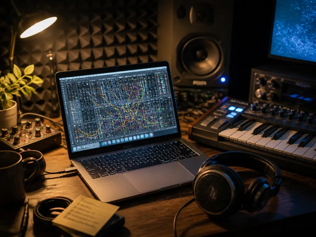 A photorealistic overhead photograph of a cluttered home studio desk at night, shot with…