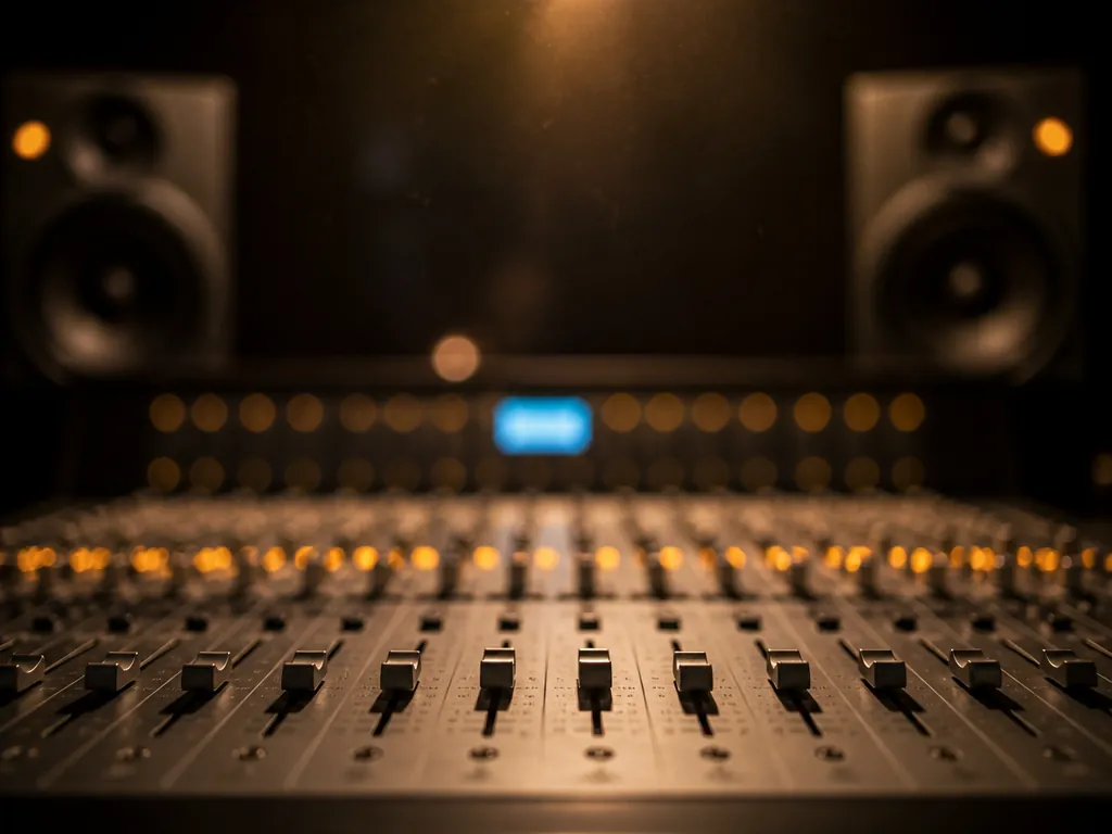A photorealistic studio photograph of a professional audio mixing console in a dim recording…