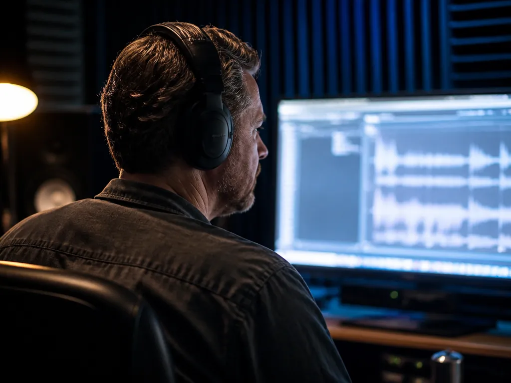 A photorealistic environmental portrait of a sound engineer seated in a home studio at…