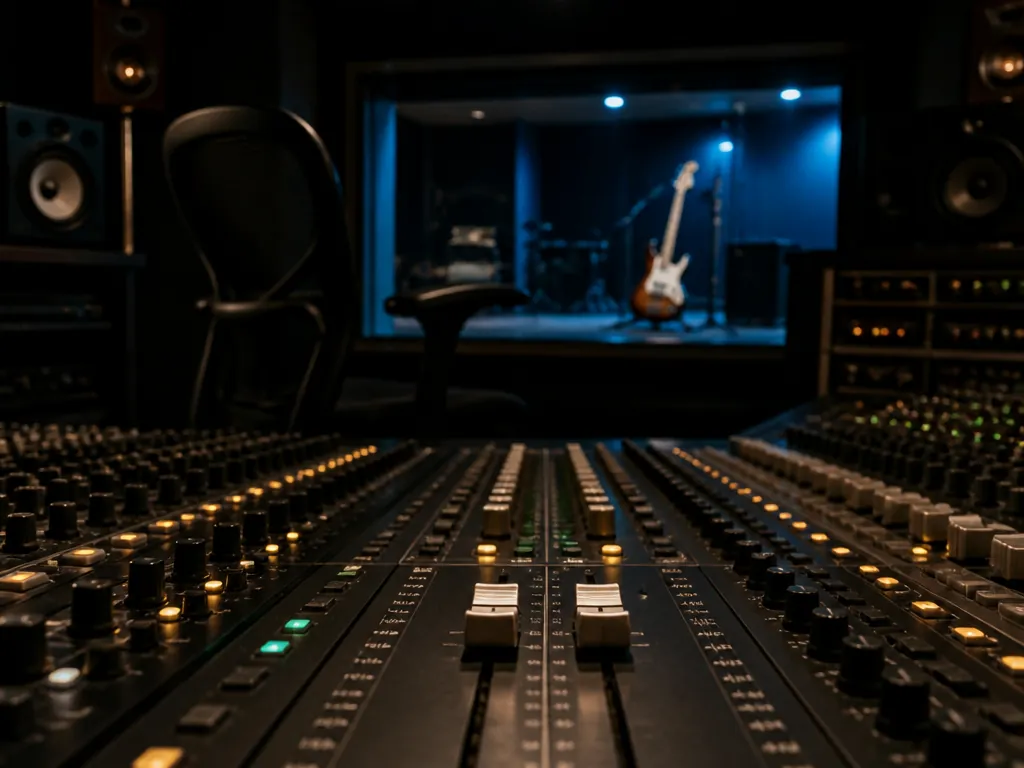 A dimly lit professional recording studio control room photographed at night, shot on a…