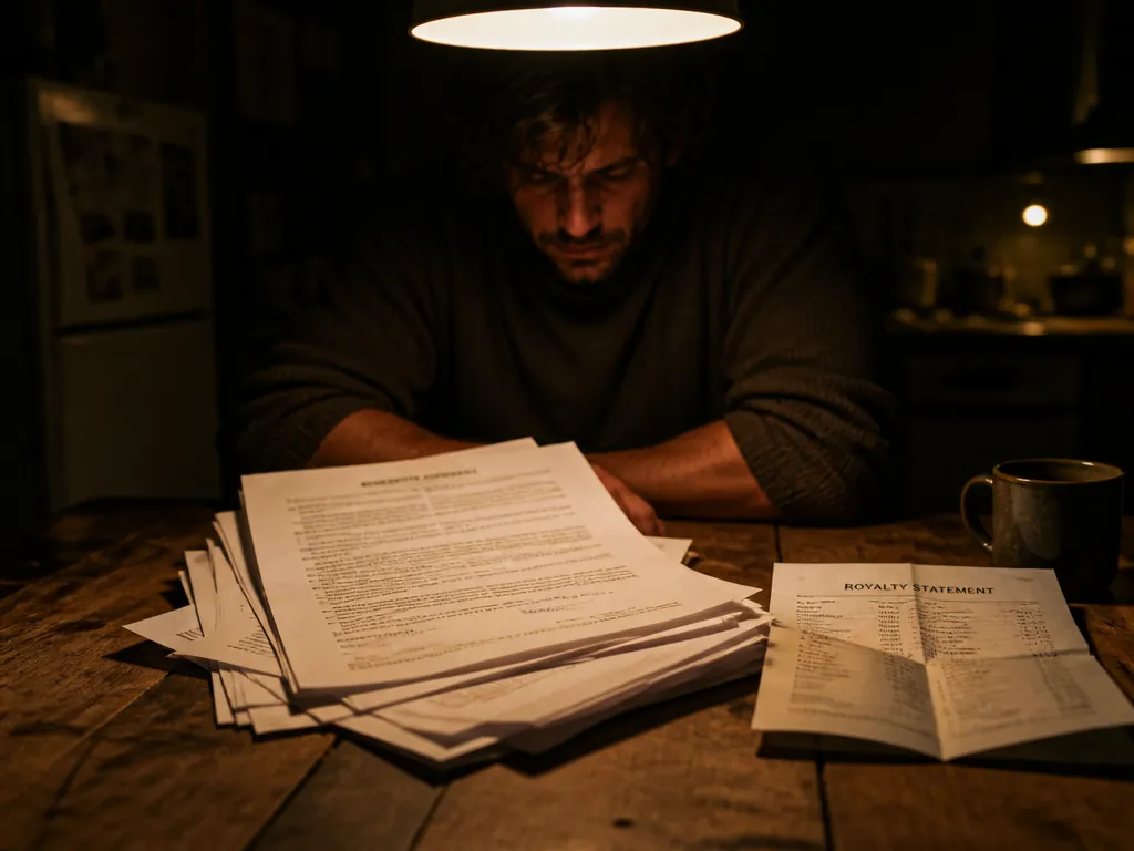 A close-up editorial photograph of a weathered wooden kitchen table at 1 a.m., lit…