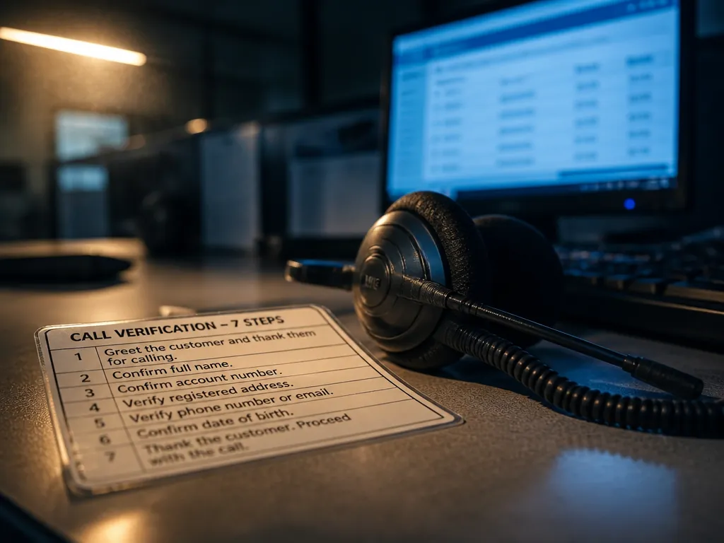 A tight, moody photorealistic close-up of a vacant help desk workstation at dusk: a…