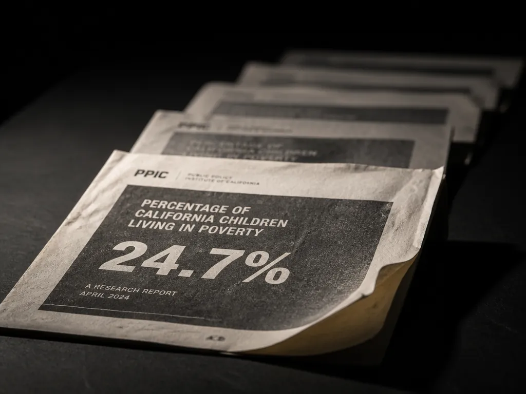 A close-up photograph of a weathered printed research report resting on a dark studio…