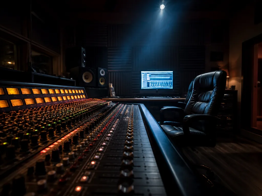 A wide low-angle photograph of a dimly lit professional recording studio at night, a…