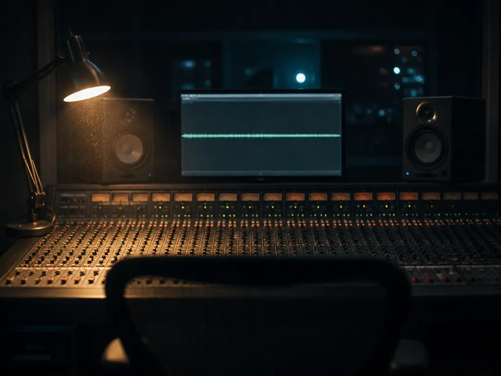 A dim professional recording studio at night, photographed from behind an empty producer's chair…