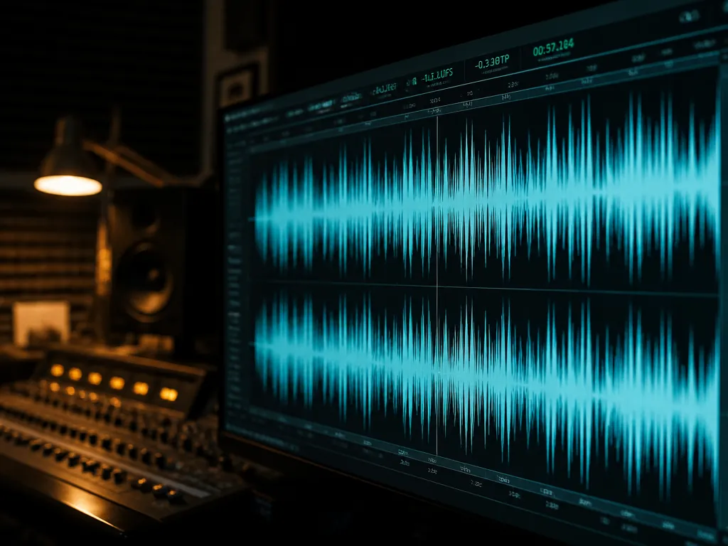 A dimly lit professional audio mastering studio at night, photographed from behind a large-format…