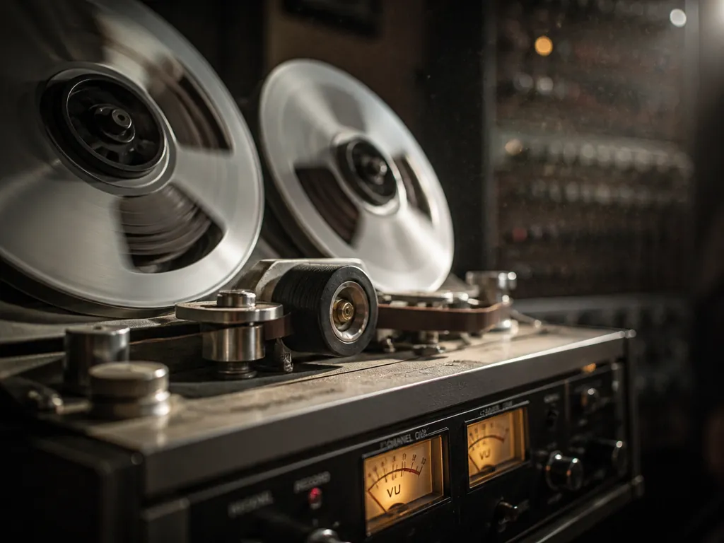 A photorealistic close-up photograph of a vintage reel-to-reel tape machine in a dim project…