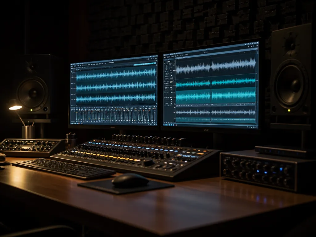 A photorealistic wide photograph of an empty home studio workstation at night, two large…