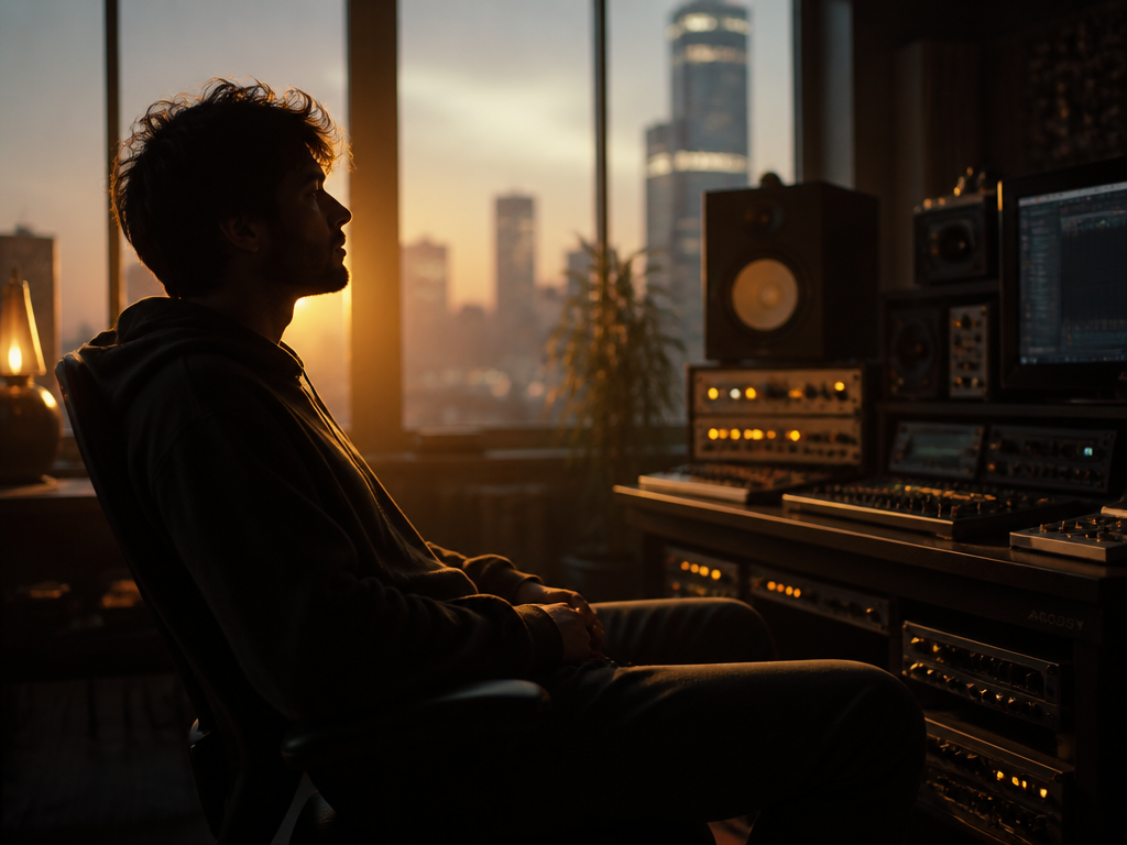 A young music producer seen in profile silhouette against a large window glowing with…