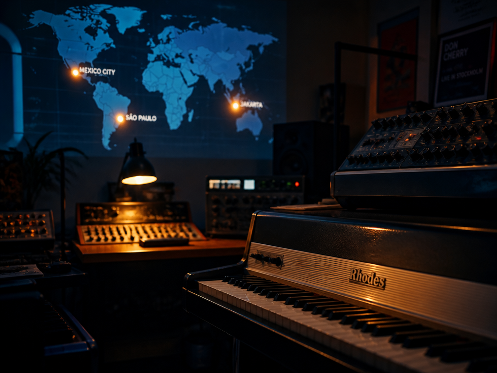 A dimly lit home music studio at night, photographed in moody cinematic style. A…