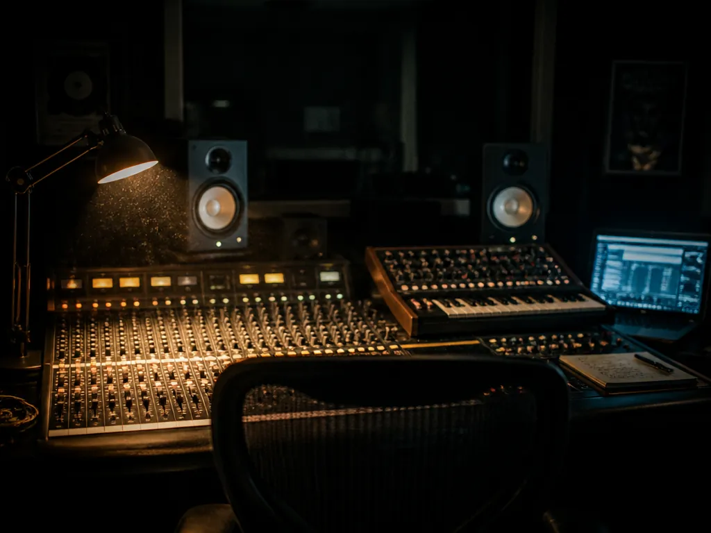 A dimly lit professional recording studio at 2 a.m., photographed at eye level from…