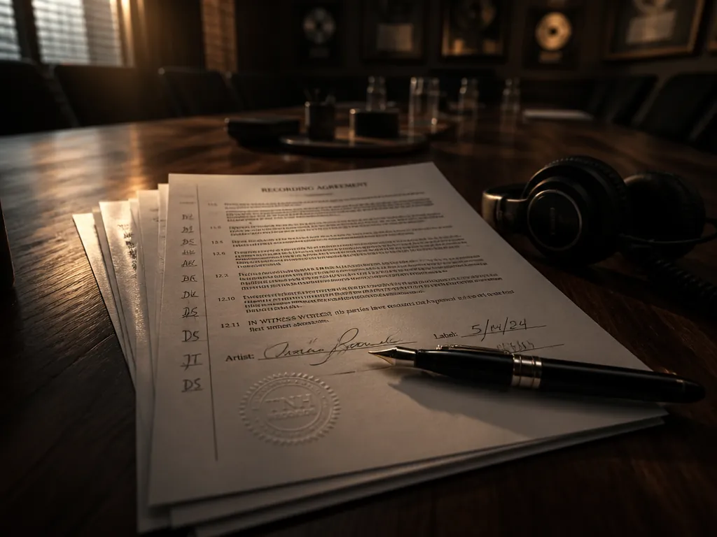 A close-up photograph of a signed recording contract lying on a dark walnut conference…