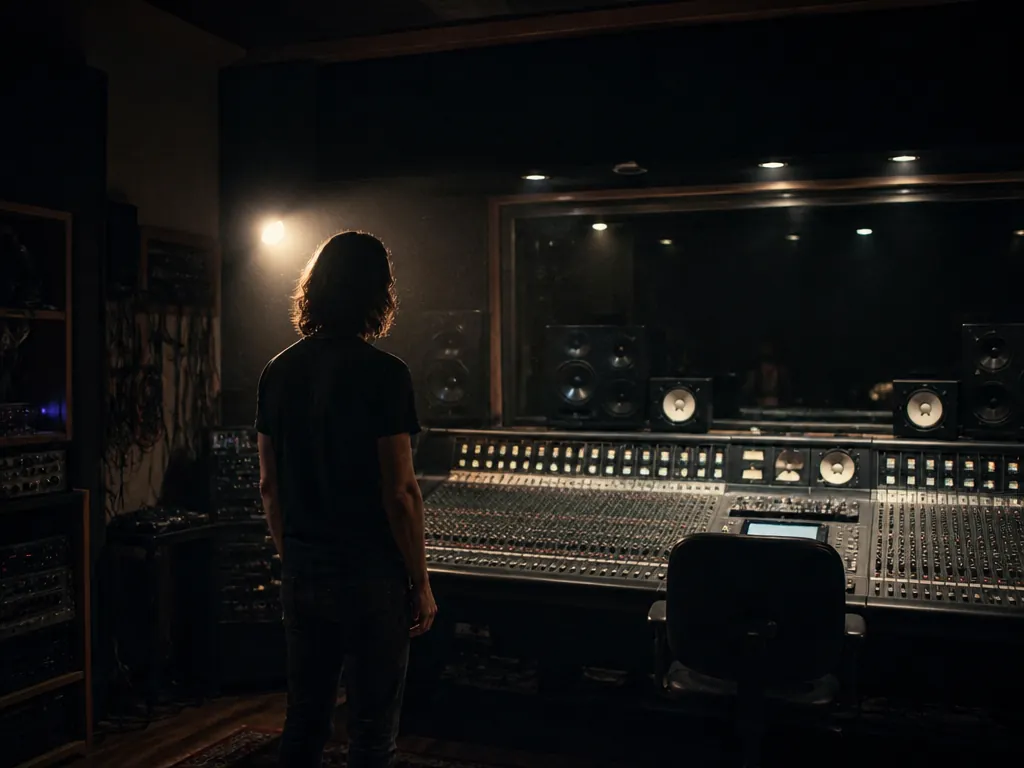 A photorealistic wide shot of a lone musician standing in a dim recording studio…