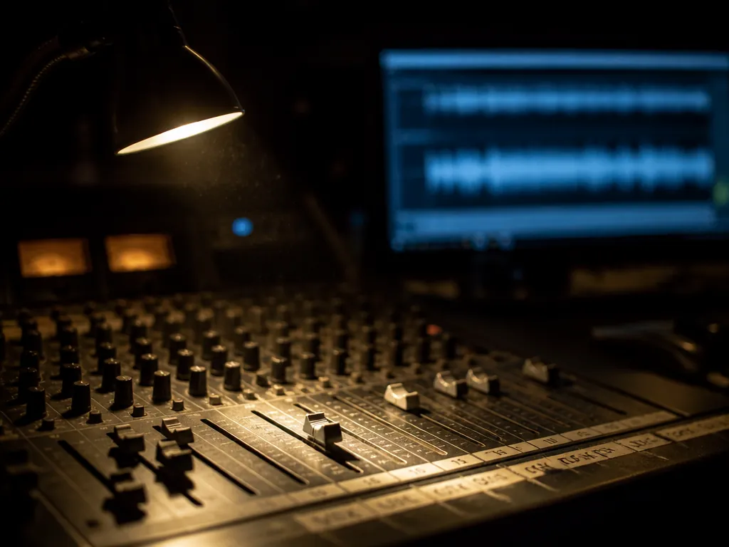 Photorealistic editorial still life on a dimly lit recording studio desk: a vintage analog…
