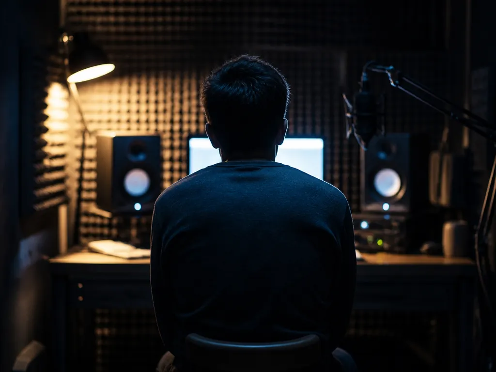 Photorealistic over-the-shoulder photograph in a small home studio at night: a person seated on…